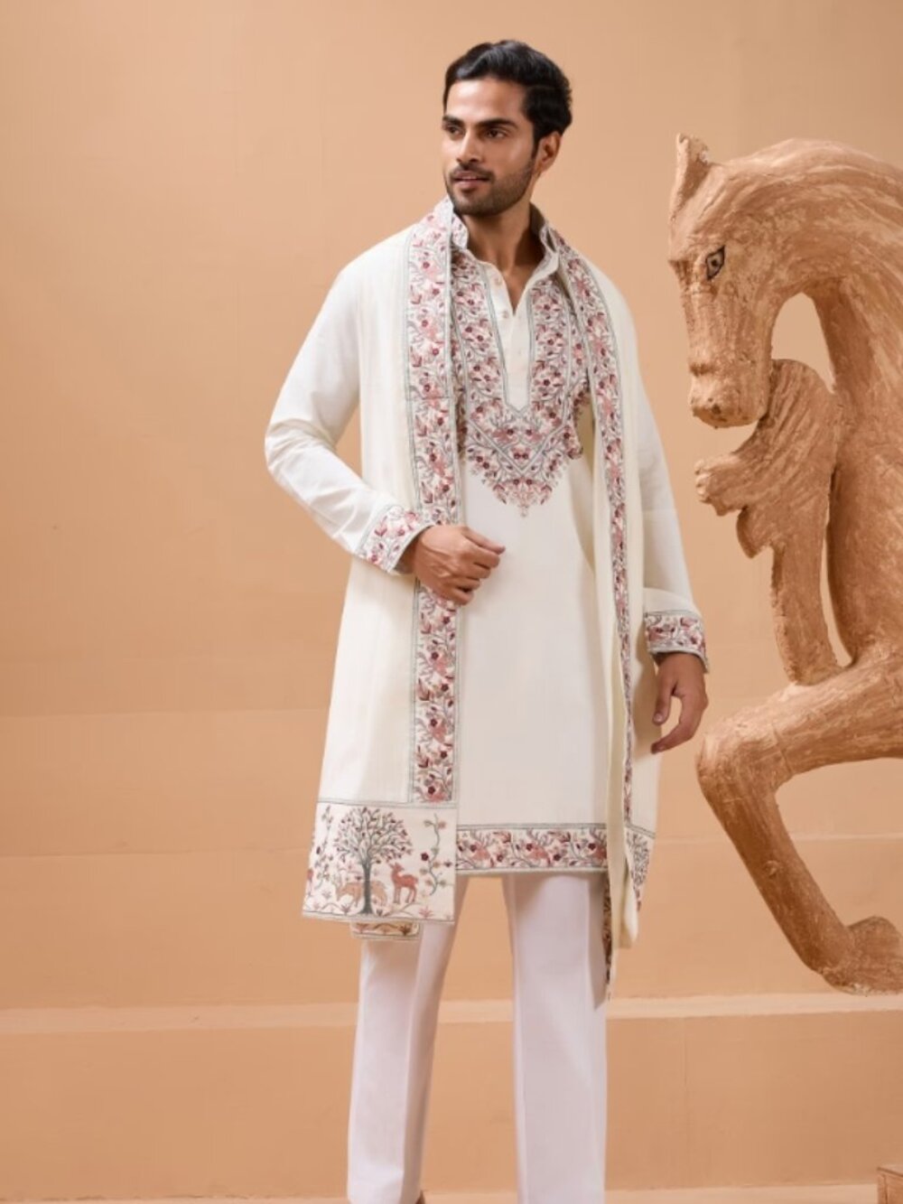 White Embroidered Silk Blend Kurta with Dupatta Set For Men - Never Worn!!!